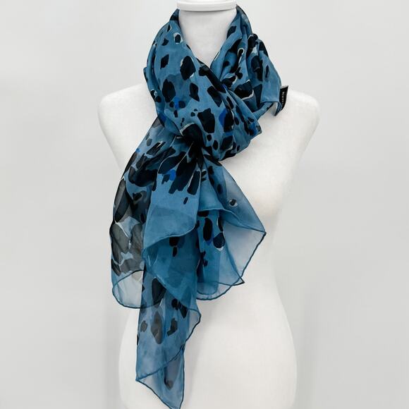Burberry Scarf Silk Authentic Lightweight Sheer Blue Black Leopard Cheetah - Picture 2 of 10
